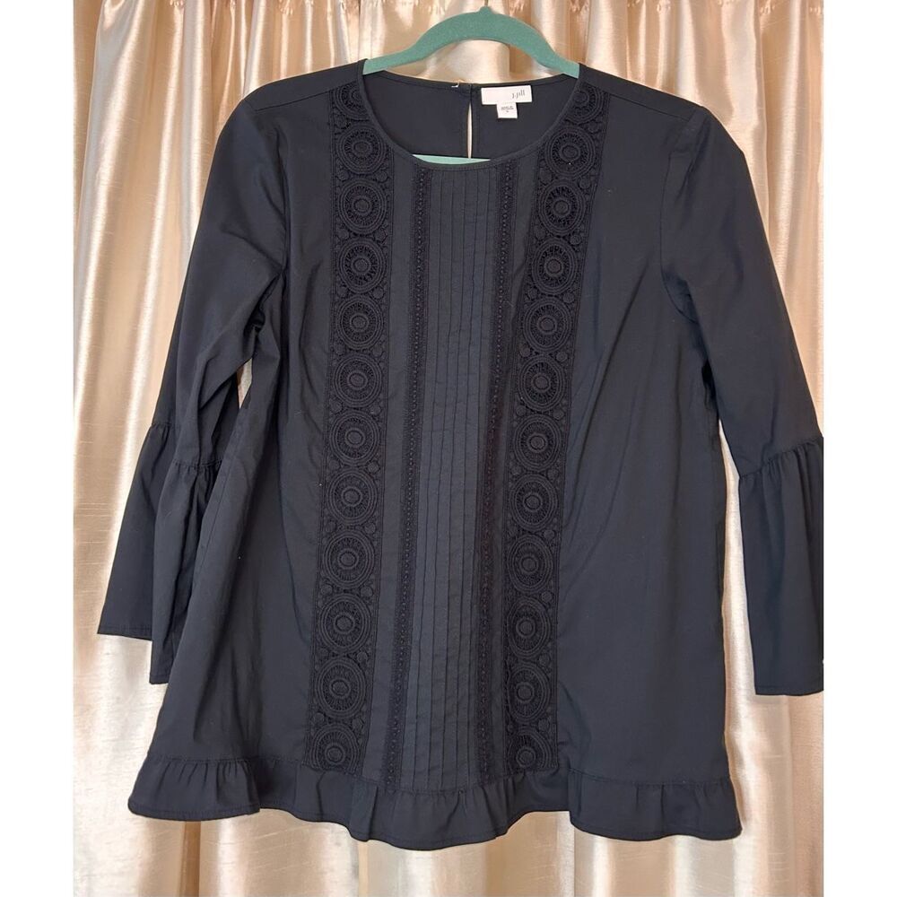 J. Jill Black Pintuck Lace Inset Bell Sleeve Blouse Size S